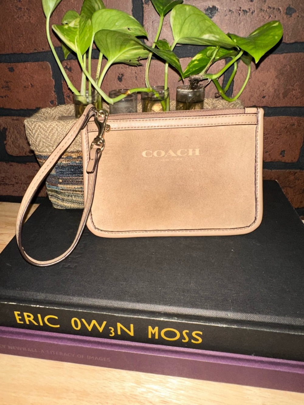 Coach Nude Taupe Suede Wristlet with Gold Hardware